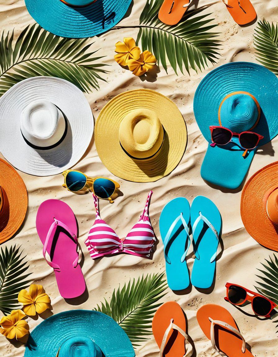 A picturesque beach scene featuring a stylish beachwear display, showcasing a variety of colorful swimwear and elegant accessories like sun hats, sunglasses, and flip-flops. The background includes soft golden sand, gentle waves, and tropical palm trees, while sunbathers enjoy the sun. Vibrant colors and a sense of summer bliss should permeate the image. bright and cheerful. super-realistic. vibrant colors.